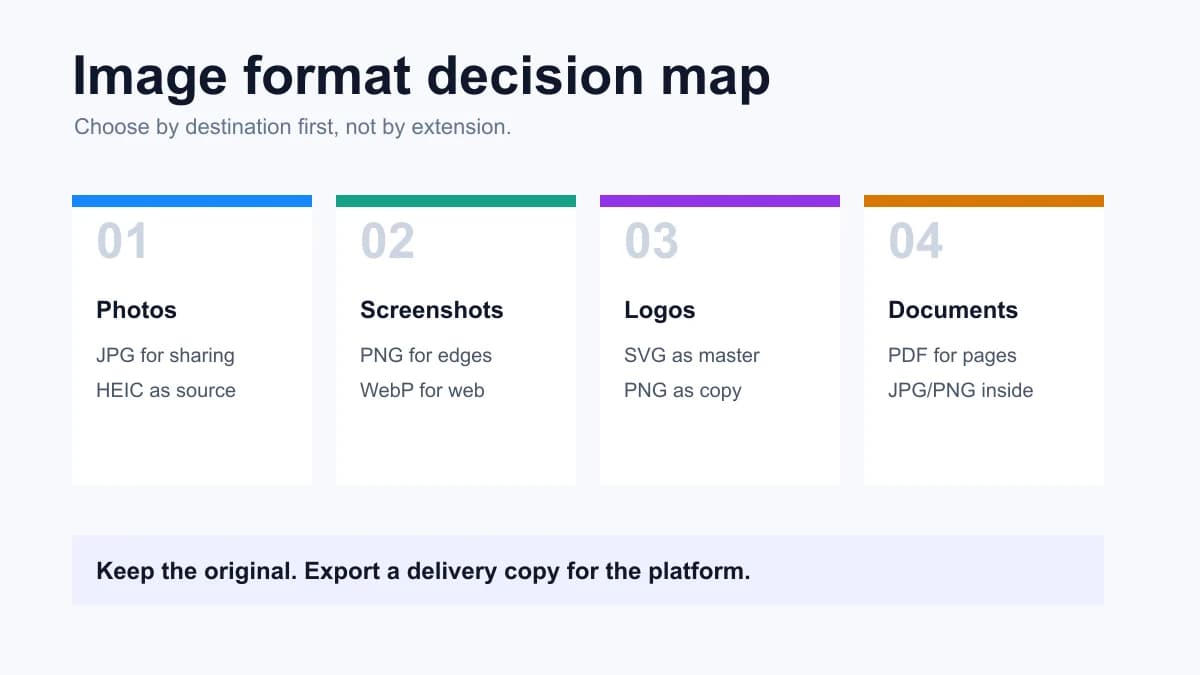 Image format decision map for photos, screenshots, logos and documents