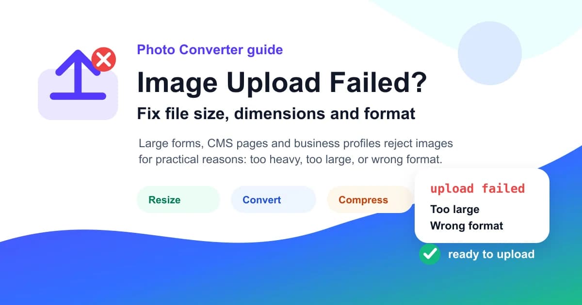 Image upload failed guide showing resize convert and compress fixes
