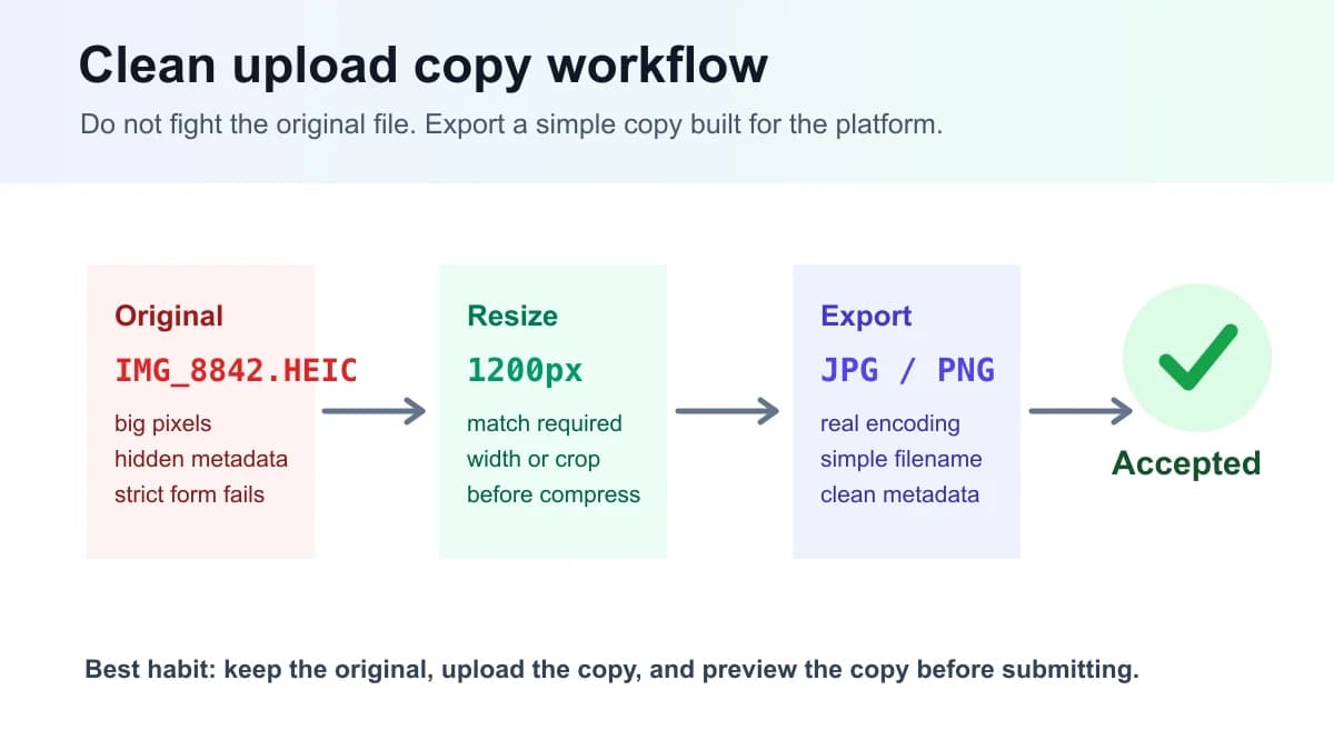Clean image upload copy workflow from original photo to accepted file