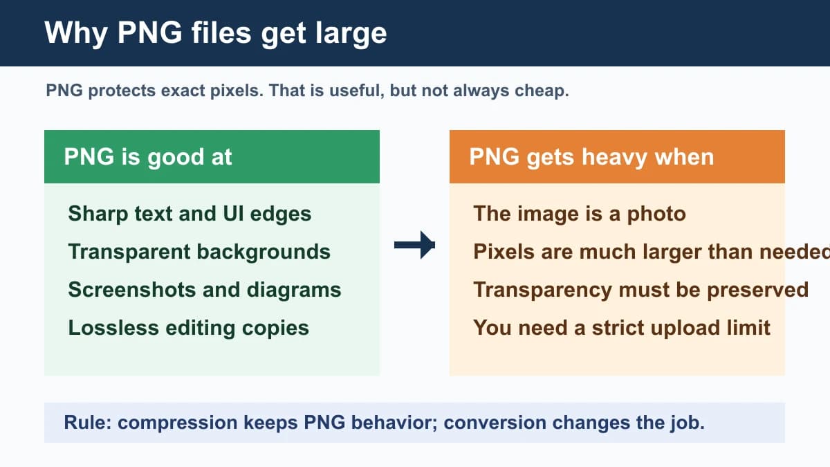 PNG 文件体积诊断图,展示透明背景、截图、照片和像素尺寸